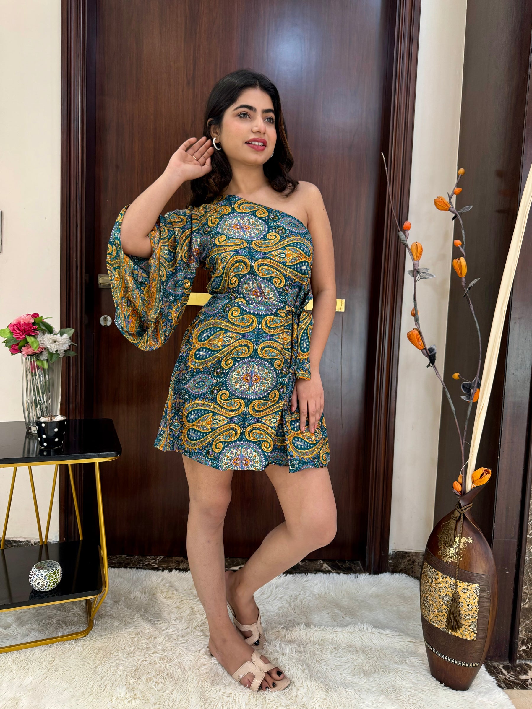 One Shoulder Boho Printed Short Dress- Peacock Patels SmisingBee