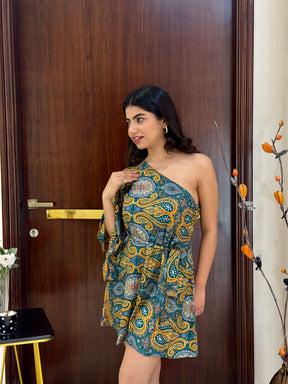 One Shoulder Boho Printed Short Dress- Peacock Patels SmisingBee