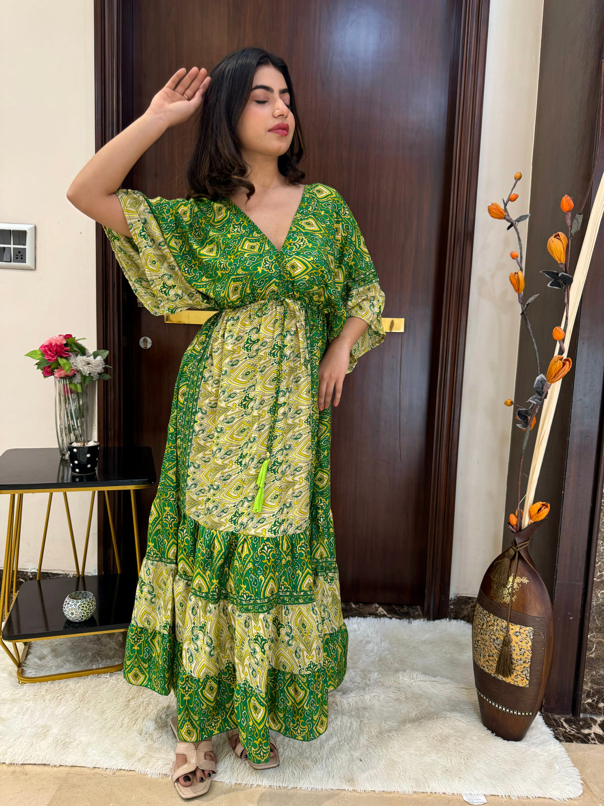 Kaftan pattern boho foil printed maxi dress - Emerald Cascade SmisingBee