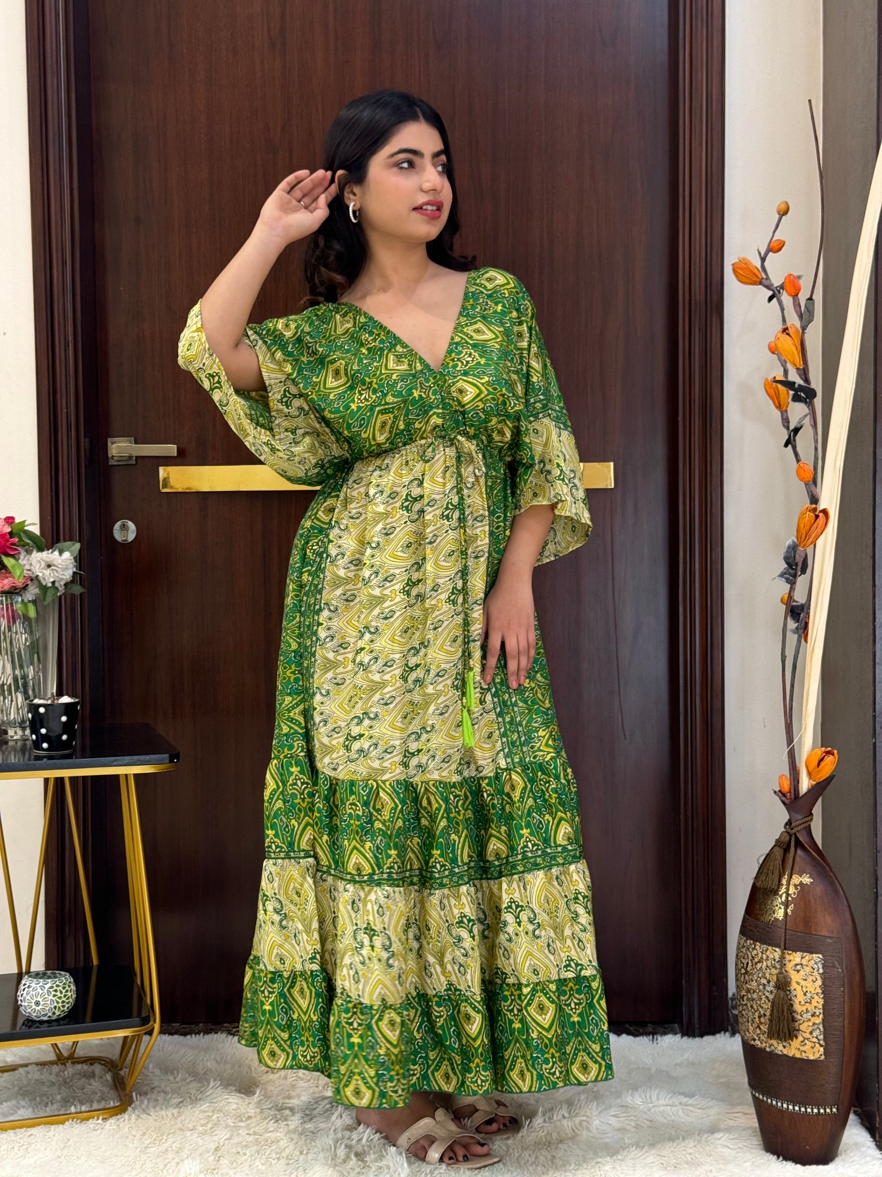 Kaftan pattern boho foil printed maxi dress - Emerald Cascade SmisingBee