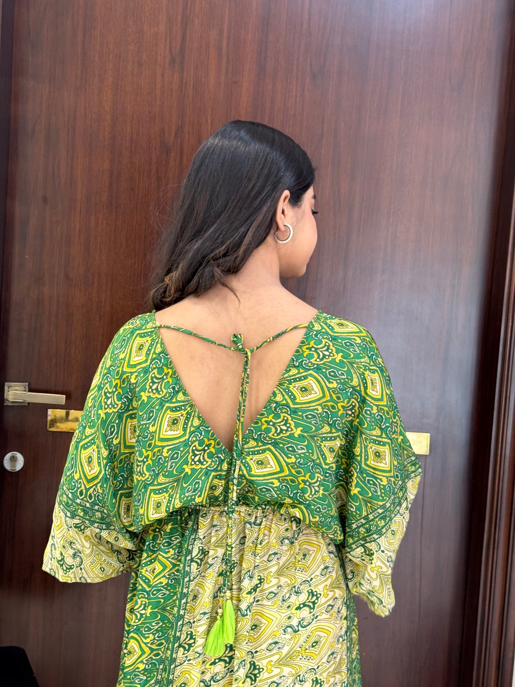 Kaftan pattern boho foil printed maxi dress - Emerald Cascade SmisingBee