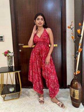 Backless Boho Printed Jumpsuit- Ruby Radiance