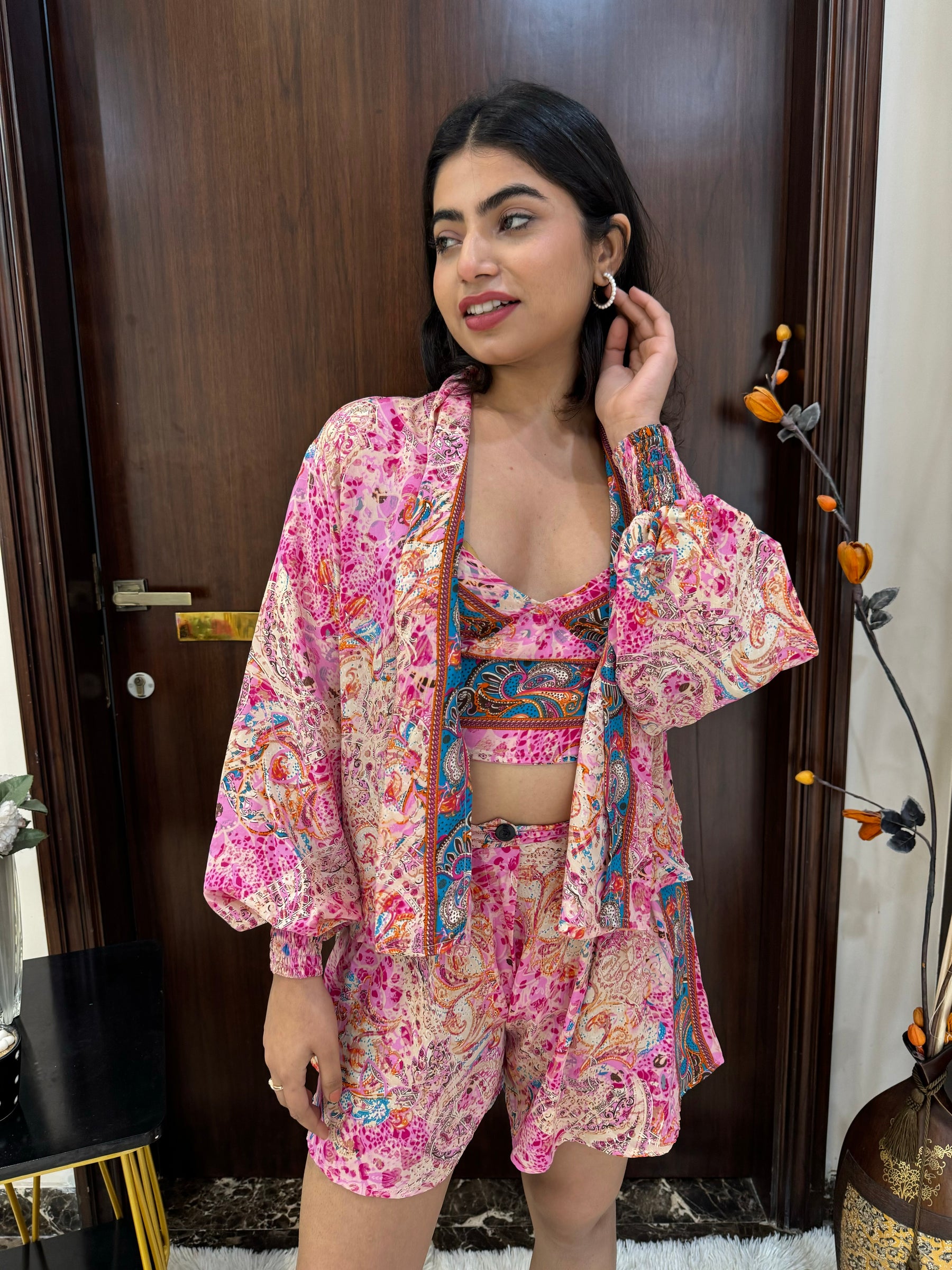 Puff Sleeves Kimono and Shorts Coordinate Set (3 Piece)- Blush Sunset SmisingBee