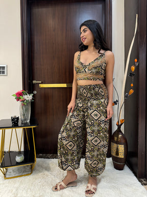 Boho Print Afghani Pant Coordinate Set (two pieces)- Emerald Fusion