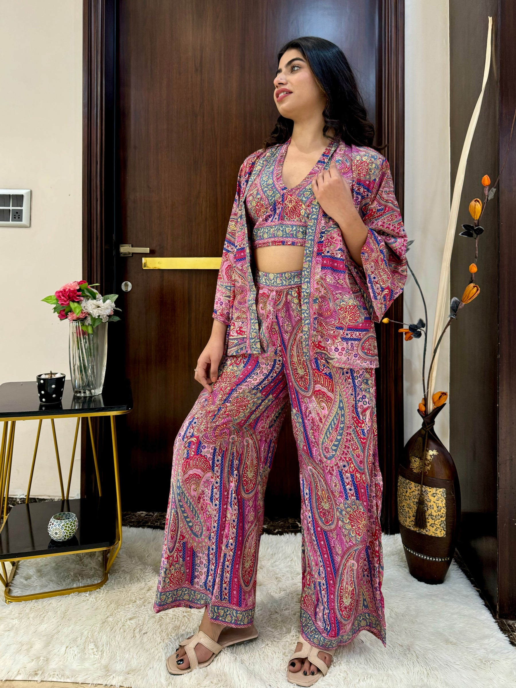 Boho Printed Bell Sleeves Kimono Coordinate Set - Pink Rose SmisingBee