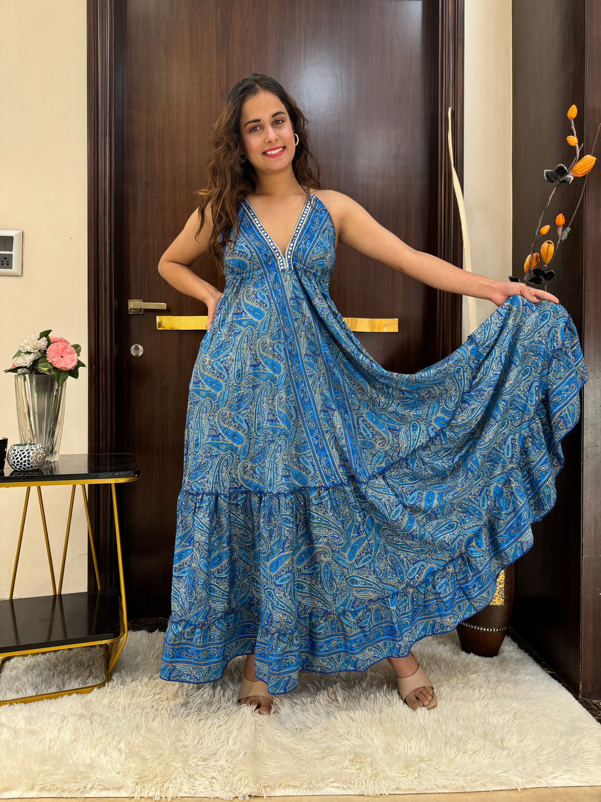 SmisingBee Tie Back Backless Maxi Dress - Turquoise Twilight