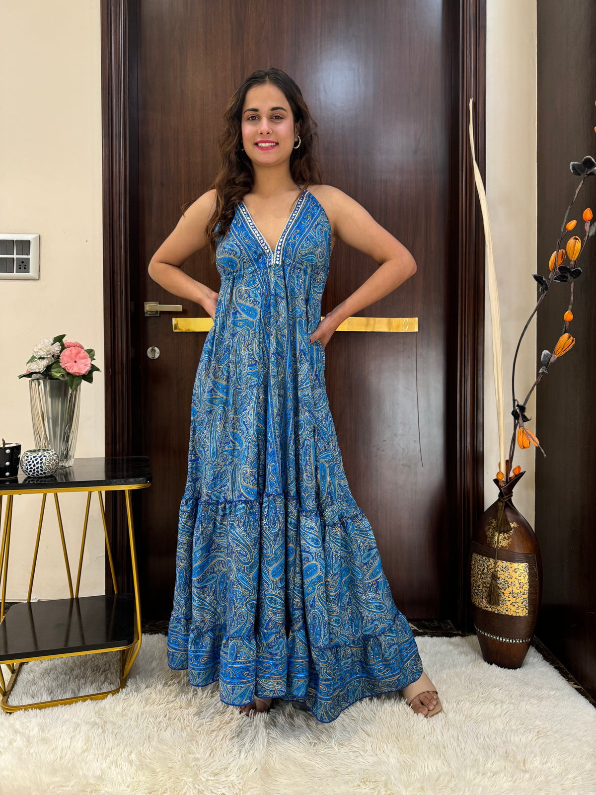 SmisingBee Tie Back Backless Maxi Dress - Turquoise Twilight