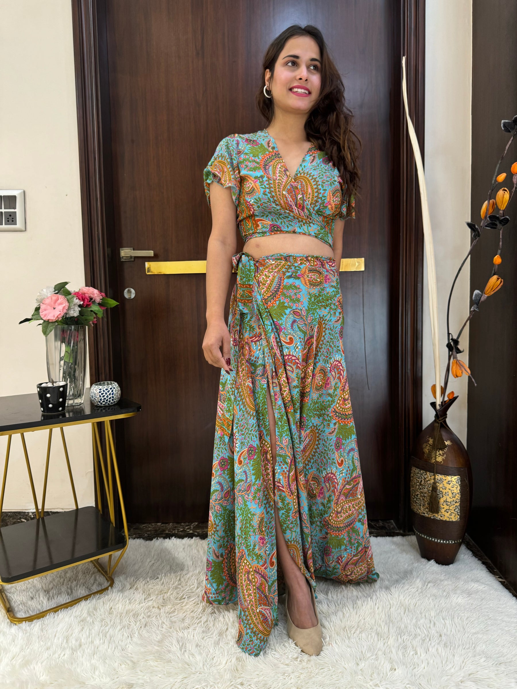 Wrap Skirt Boho Printed Co-ord Set - Minty Tides