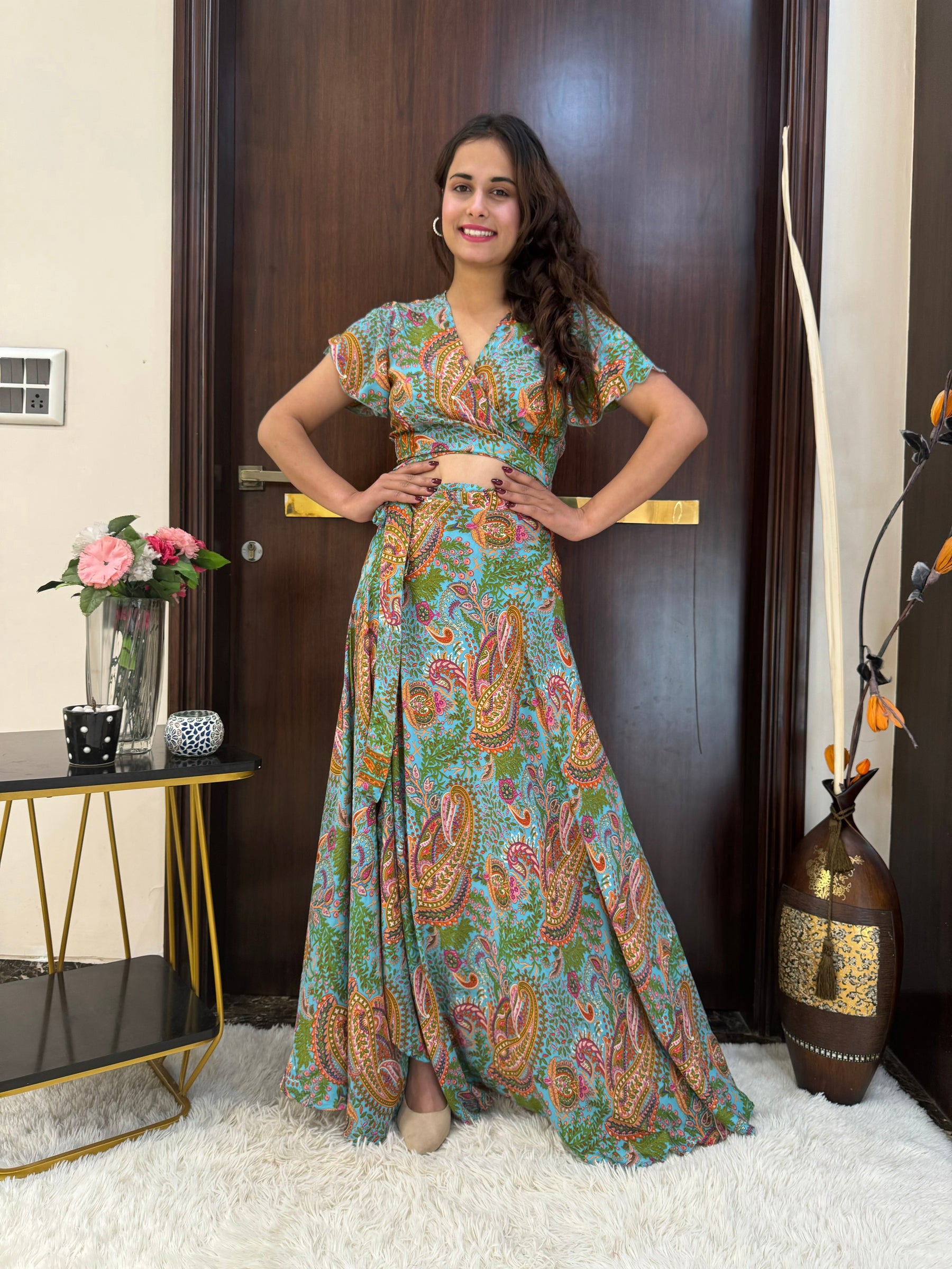 Wrap Skirt Boho Printed Co-ord Set - Minty Tides