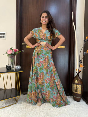 Wrap Skirt Boho Printed Co-ord Set - Minty Tides