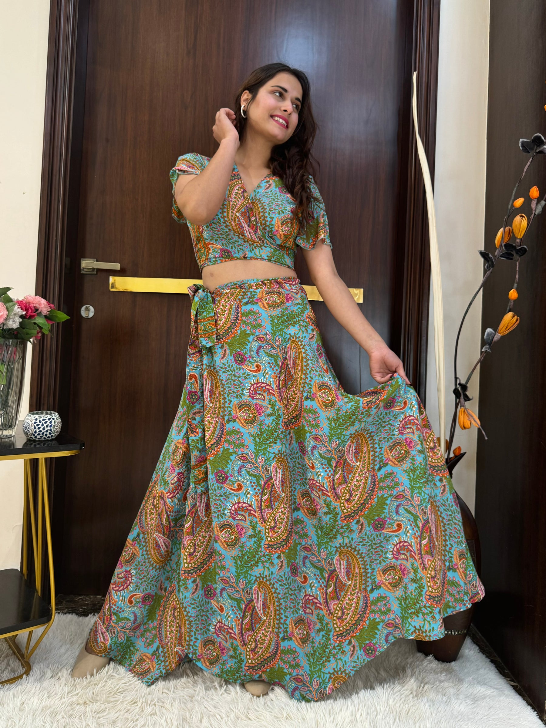 Wrap Skirt Boho Printed Co-ord Set - Minty Tides