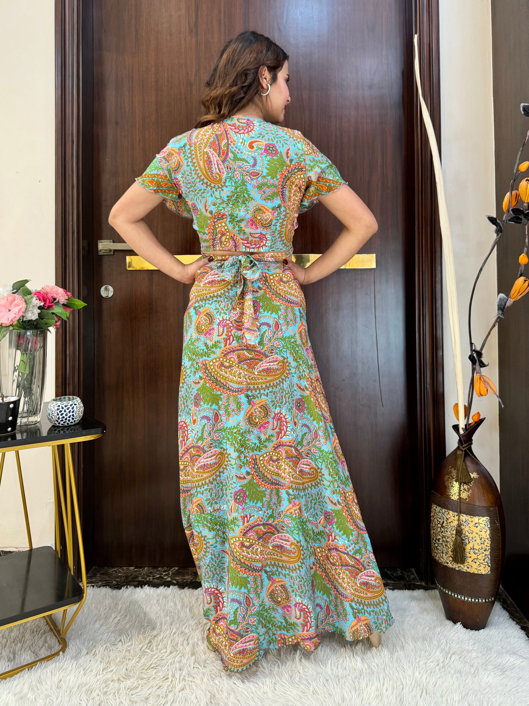 Wrap Skirt Boho Printed Co-ord Set - Minty Tides