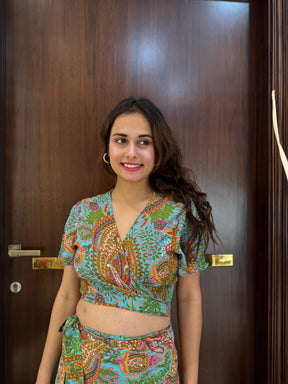 Wrap Skirt Boho Printed Co-ord Set - Minty Tides