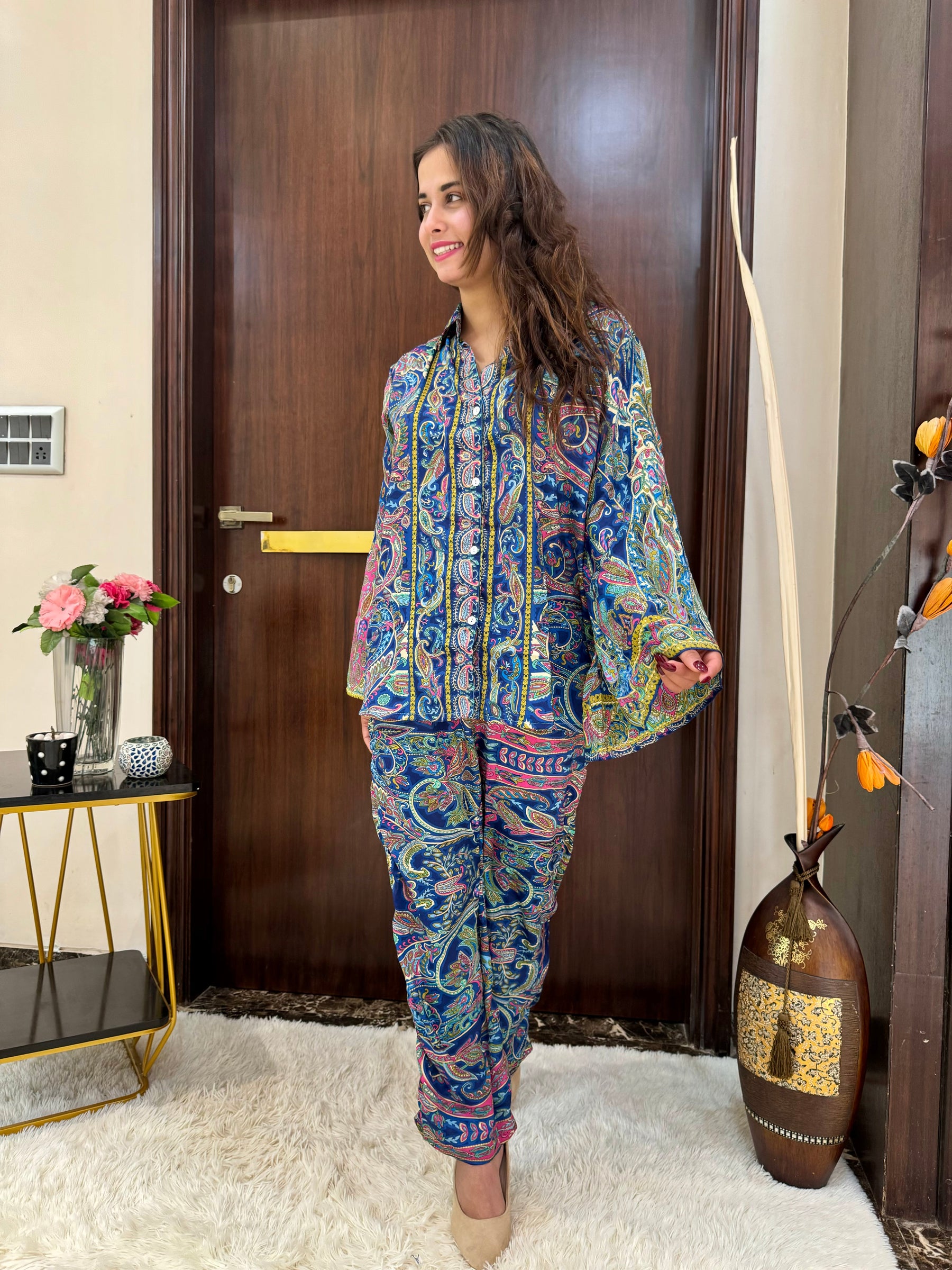 Boho Printed Bell Sleeves Coordinate Set  -  Blue ( Two - Piece)