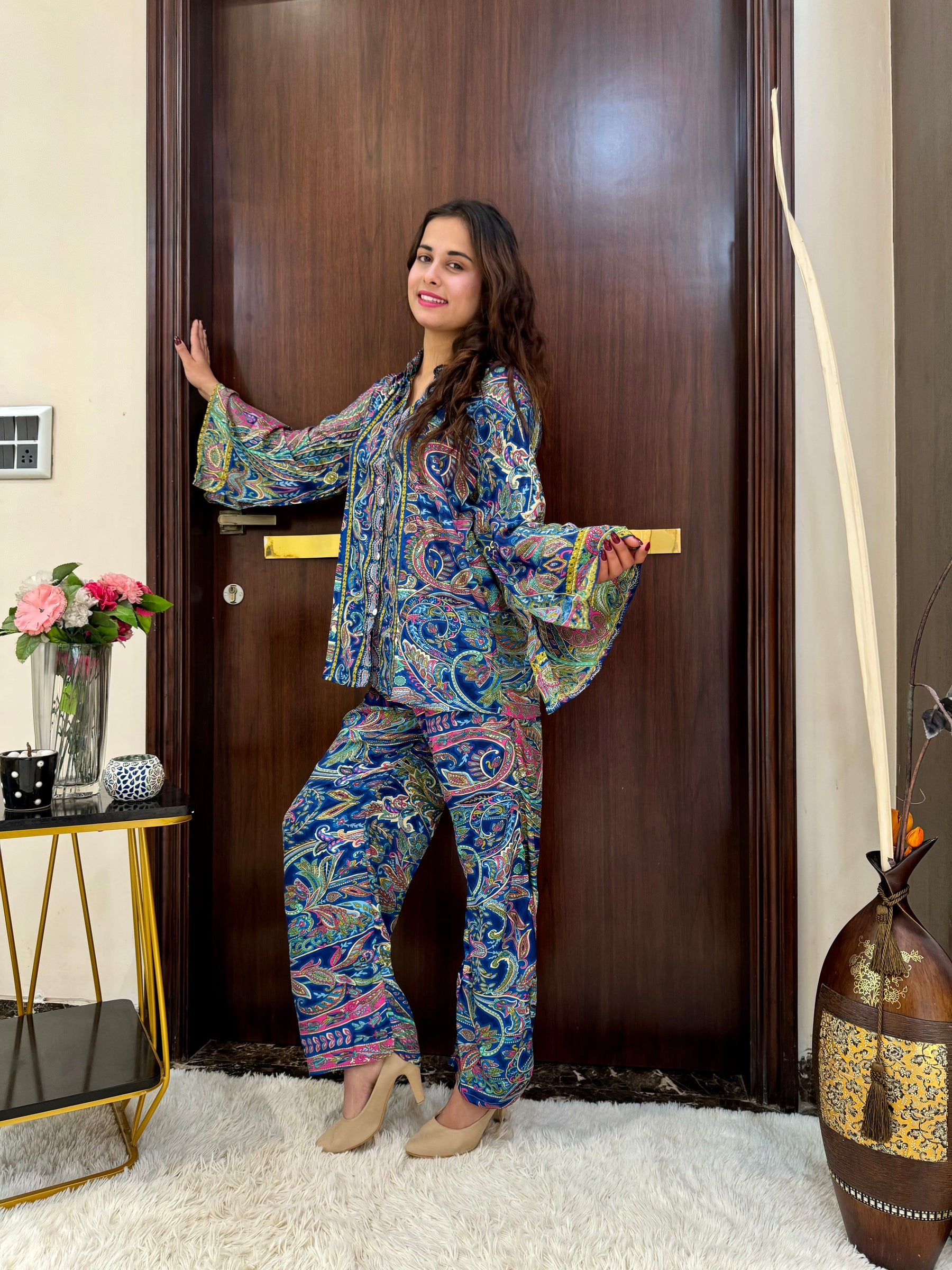 Boho Printed Bell Sleeves Coordinate Set  -  Blue ( Two - Piece)