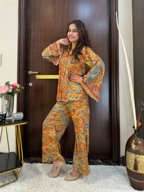 Boho Printed Bell Sleeves Coordinate Set  - Orange ( Two - Piece)