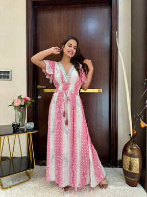 Embroidery Featured Rayon Lurex Boho Printed Maxi Dress in Pink