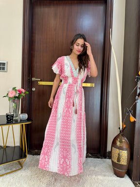 Embroidery Featured Rayon Lurex Boho Printed Maxi Dress in Pink