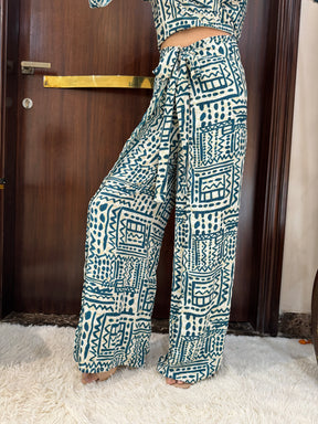 Boho Printed Wrap Trouser - Azure Shimmer