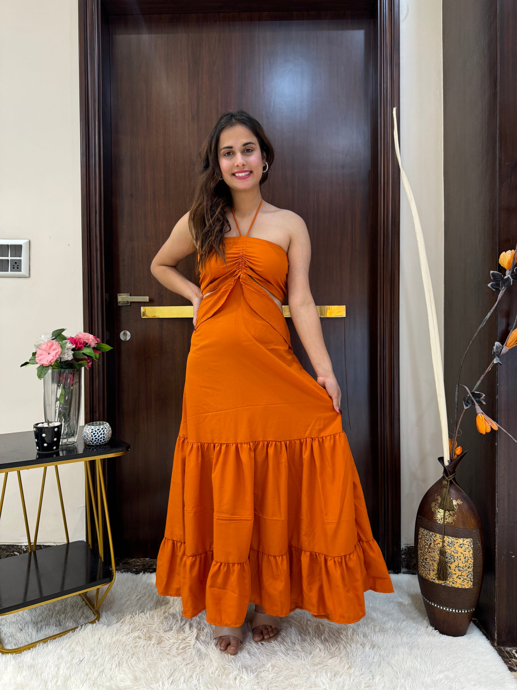 orange side cut out dress Orange-Rust Knit Ribbed Side Cut-Out With Gold Tone Accent Ring Open Back Midi Dress /3-2-1