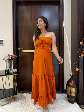 Side Cut Out Halter Long Dress in Orange