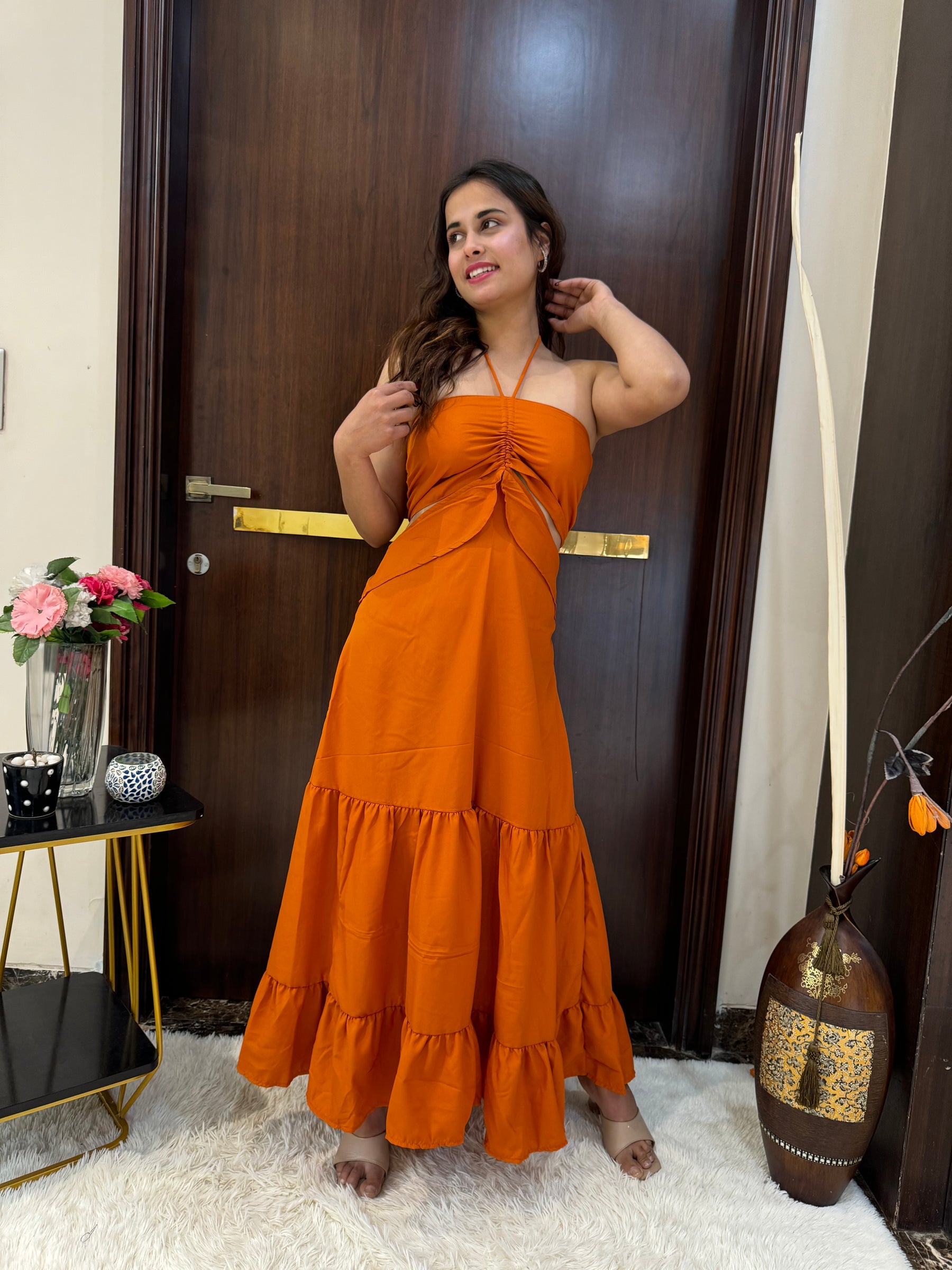 Side Cut Out Halter Long Dress in Orange