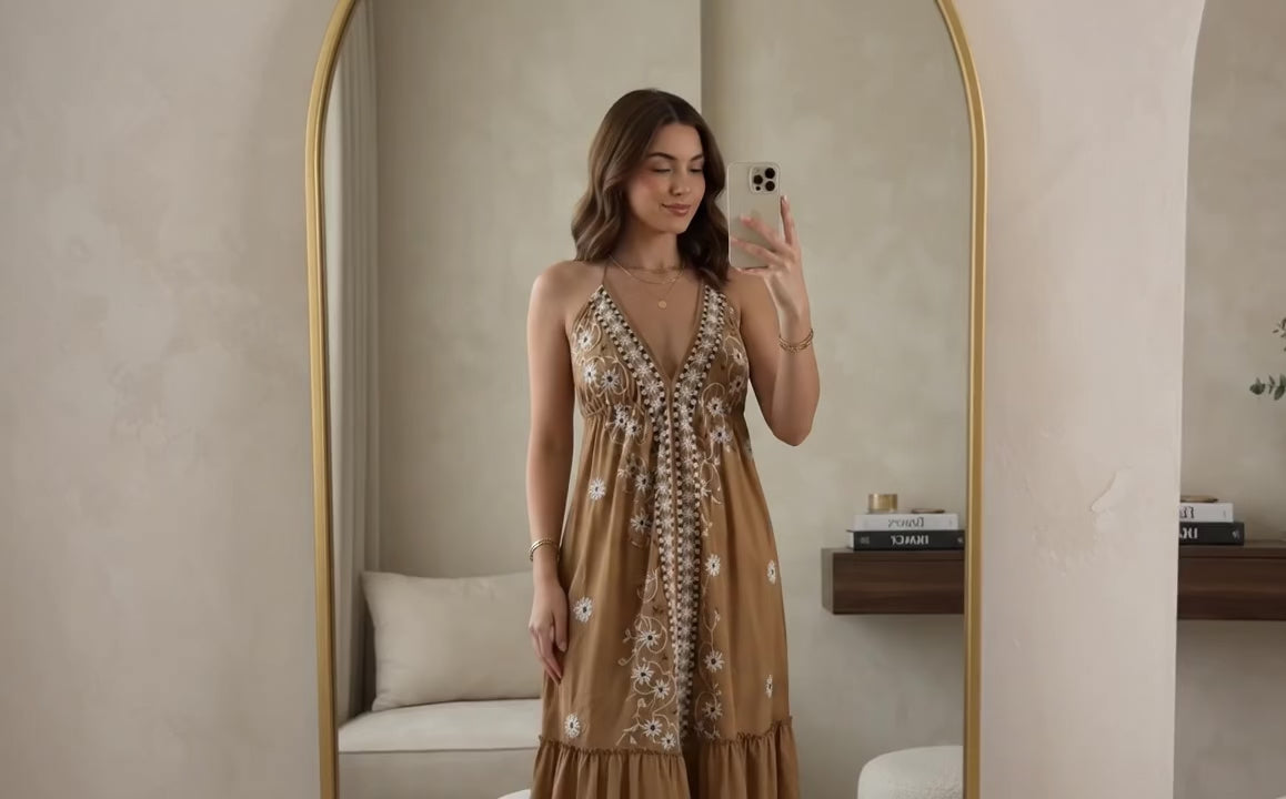 Embroidery Work- Tie Back Backless Maxi Dress - Caramel Muse