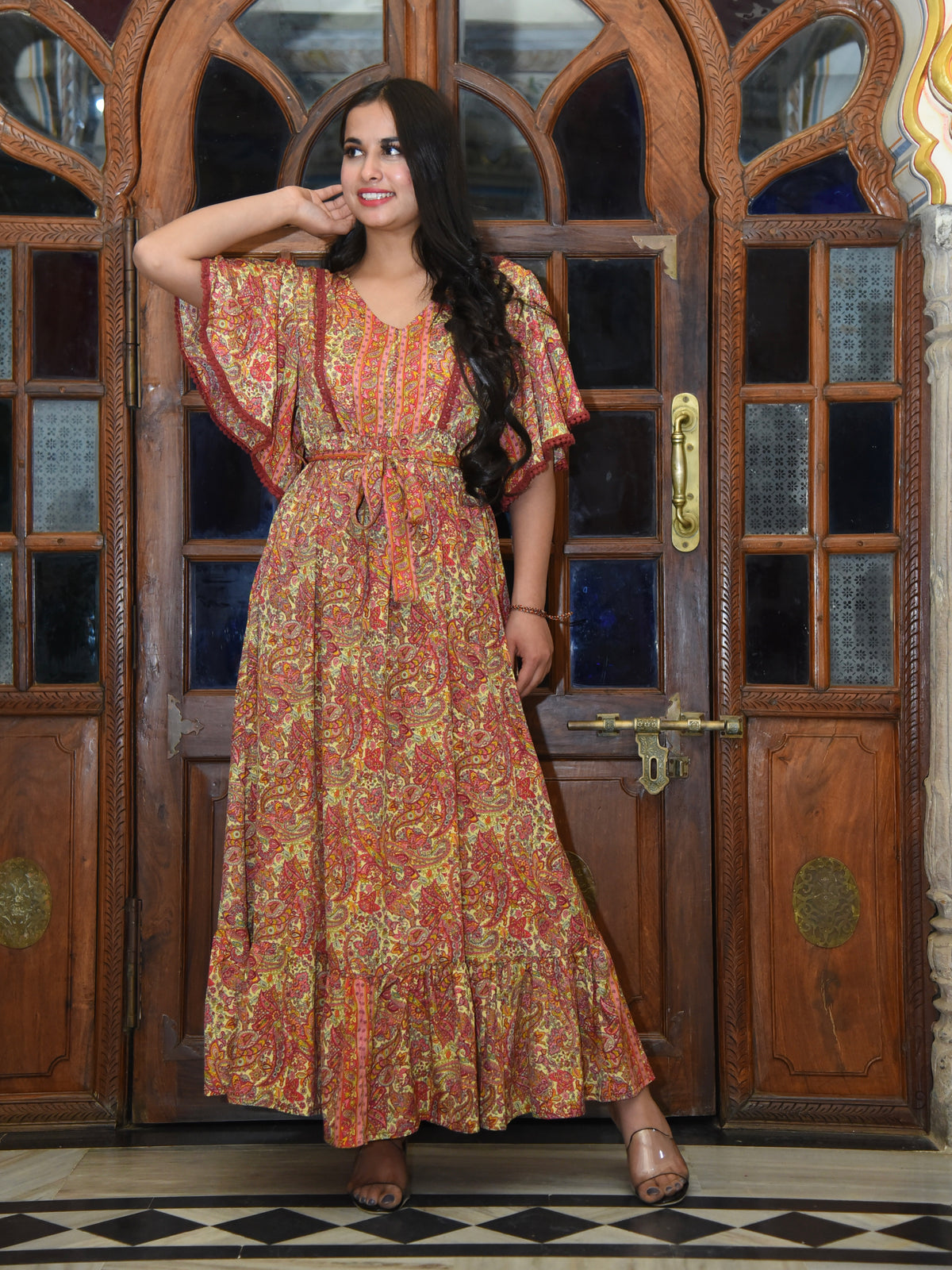 Butterfly Sleeves Boho Print Maxi Dress