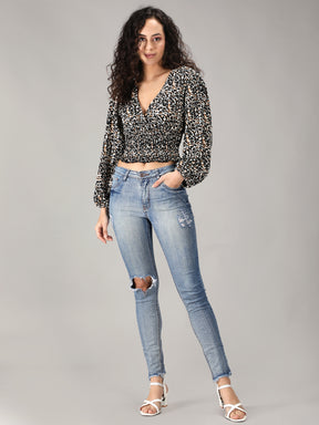 SmisingBee Bishop Sleeve Shirred Detail Ditsy Floral Top