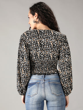 SmisingBee Bishop Sleeve Shirred Detail Ditsy Floral Top