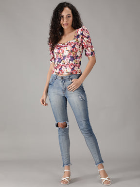 SmisingBee Square Neck Floral Print Top