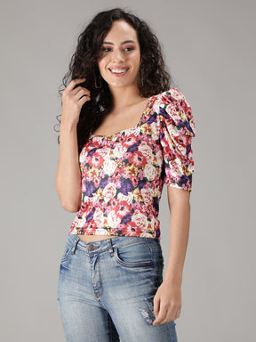 SmisingBee Square Neck Floral Print Top