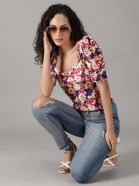 SmisingBee Square Neck Floral Print Top