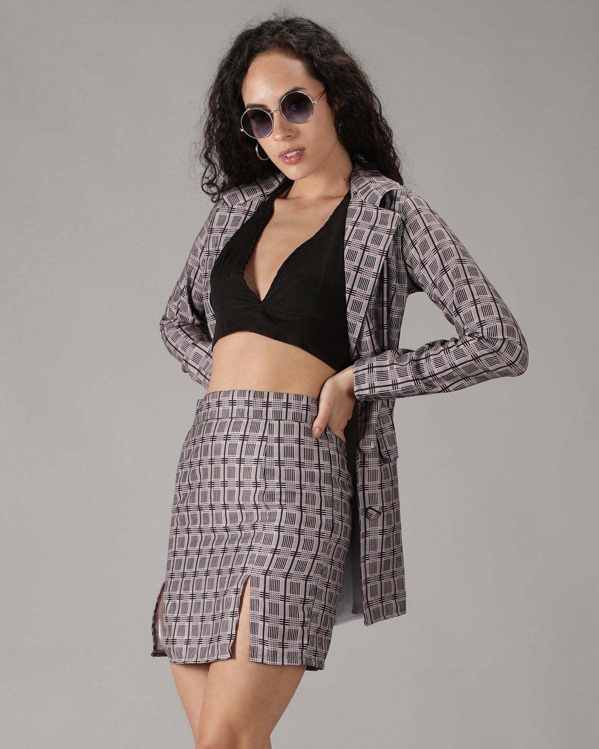 SmisingBee Plaid Co-Ord Double Split Mini Skirt Set ( 2 Piece )