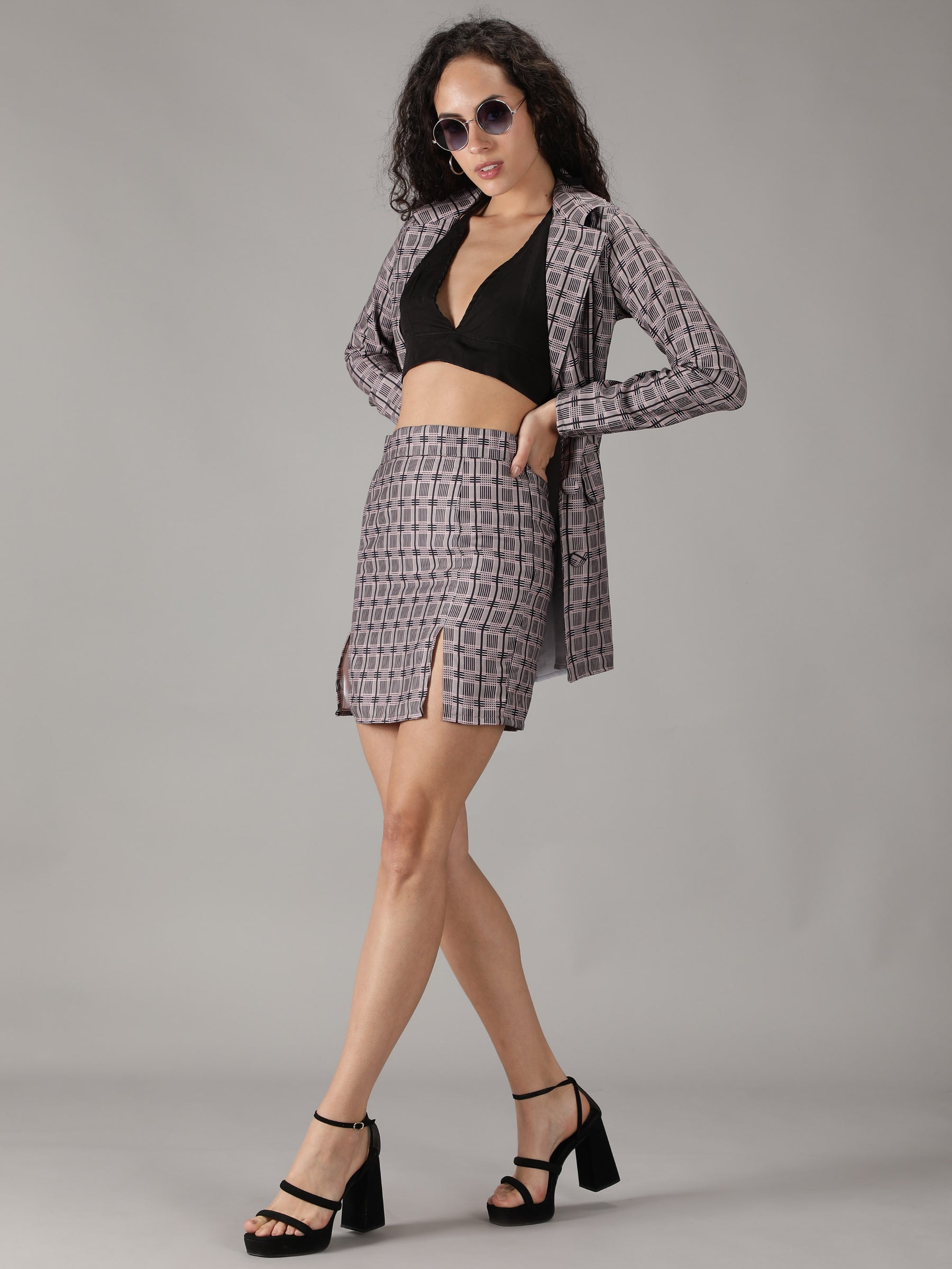 Mini Skirt Black And White Plaid Skirt And Blazer Set SmisingBee Plaid Co-Ord Double Split Mini Skirt Set Piece