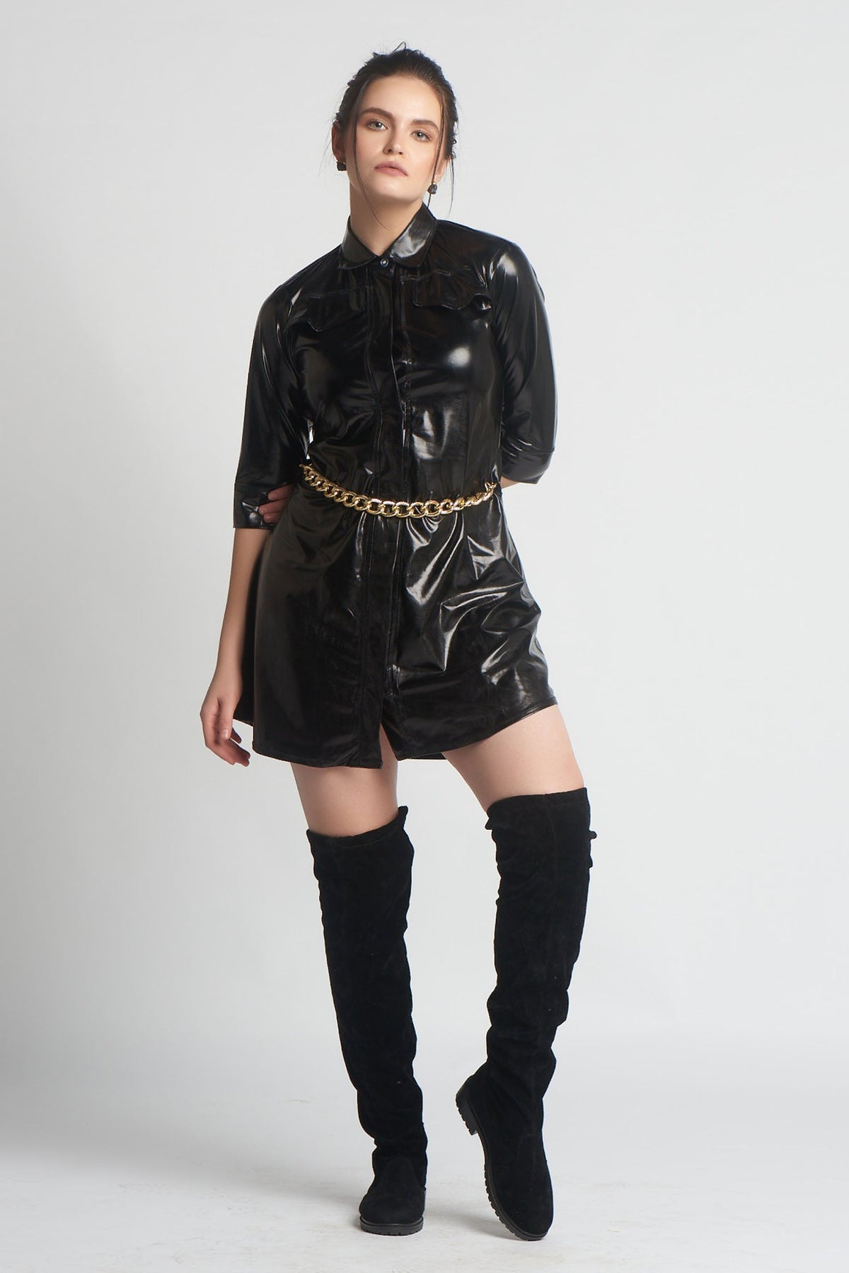 SmisingBee Shirt style Black leather dress