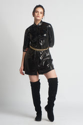 SmisingBee Shirt style Black leather dress