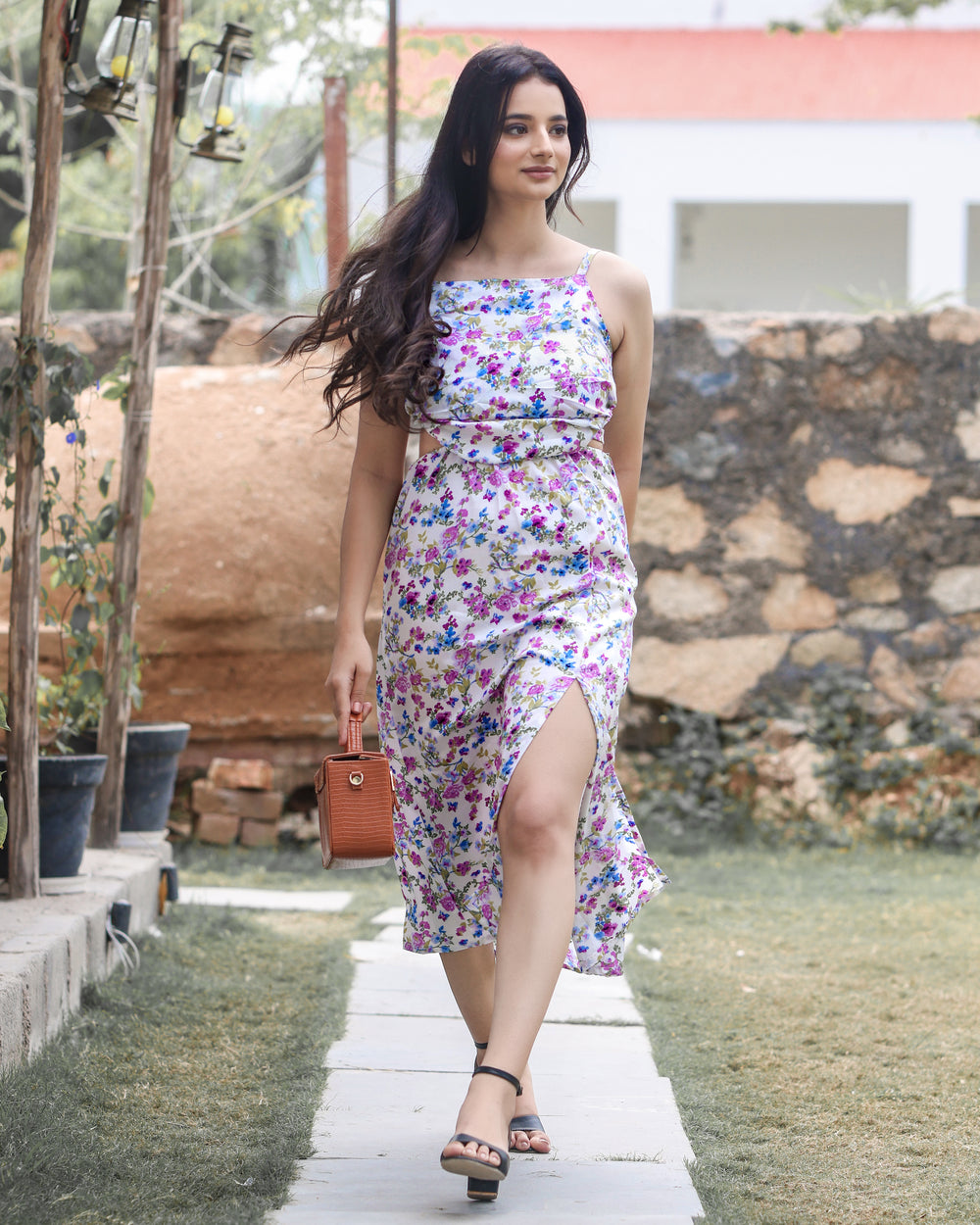 Shirred Cut Out Midi Dress