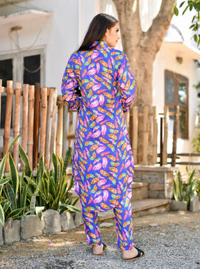 Dark Blue Leaf Printed Coordinates
