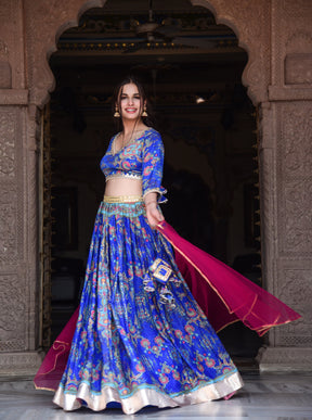 Blue printed mirror work lehenga with Blouse and Dupatta