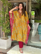 Yellow Floral Embroidered Kaftan Set
