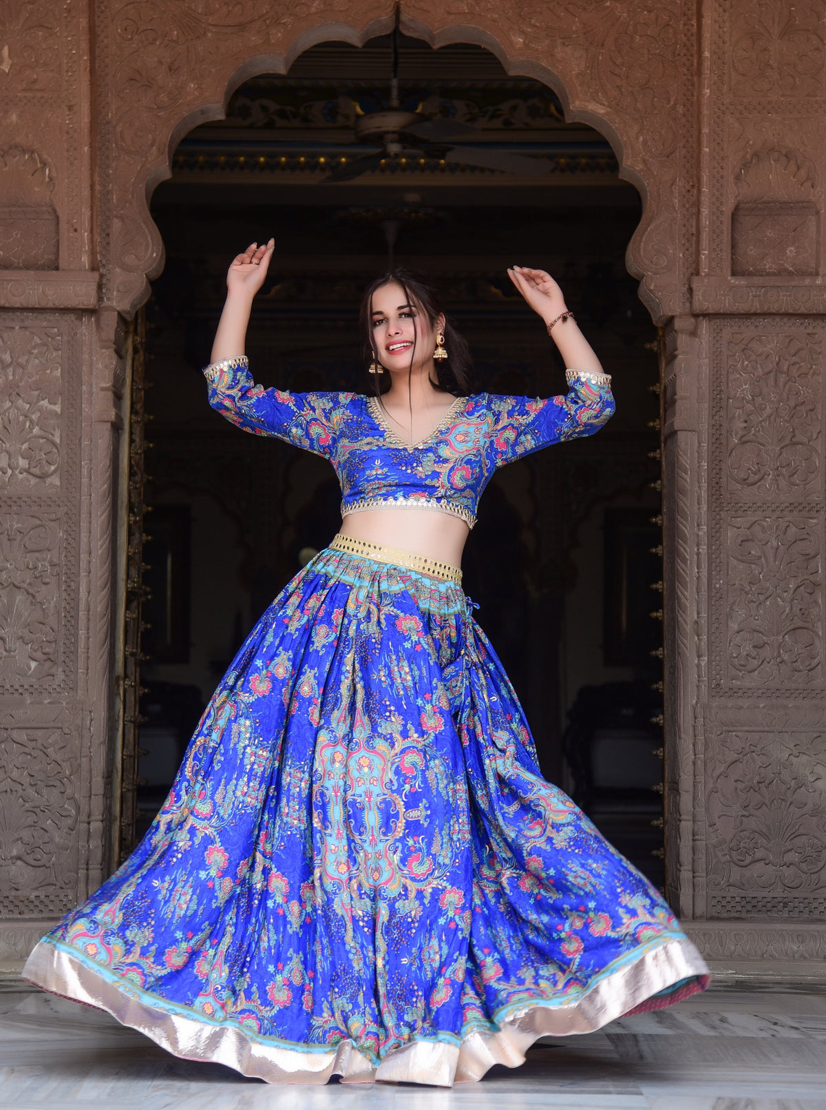 Blue printed mirror work lehenga with Blouse and Dupatta