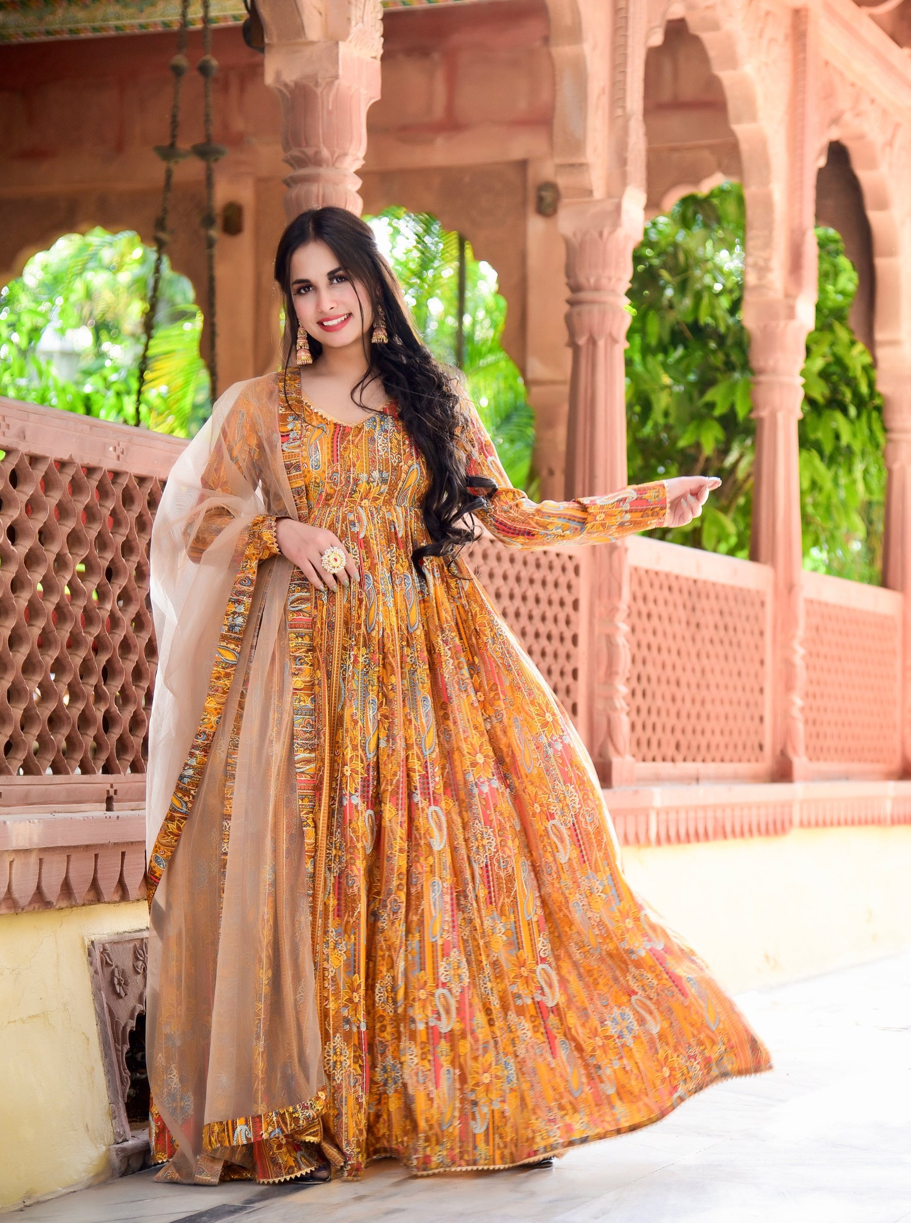 PRODUCT WALA Tafeta Butti With Jacquard Golden Yellow GOWN PD2GOLDEN  YELLOW
