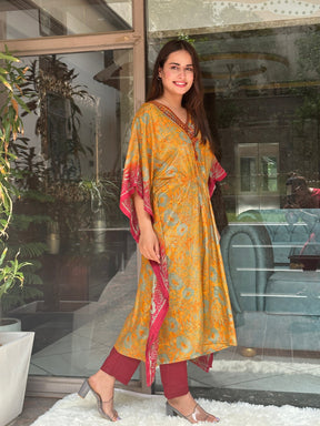 Yellow Floral Embroidered Kaftan Set