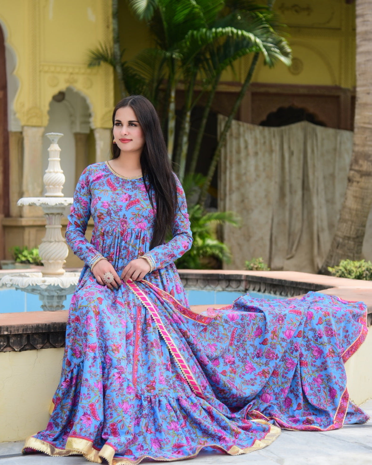 Blue Floral Anarkali Kurta Set