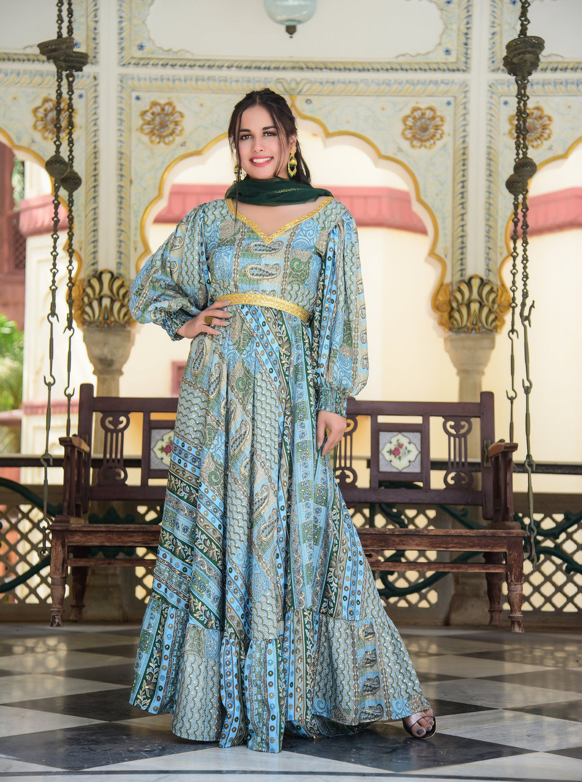 Deep V Back Green Blue Anarkali Kurta