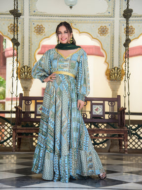 Deep V Back Green Blue Anarkali Kurta