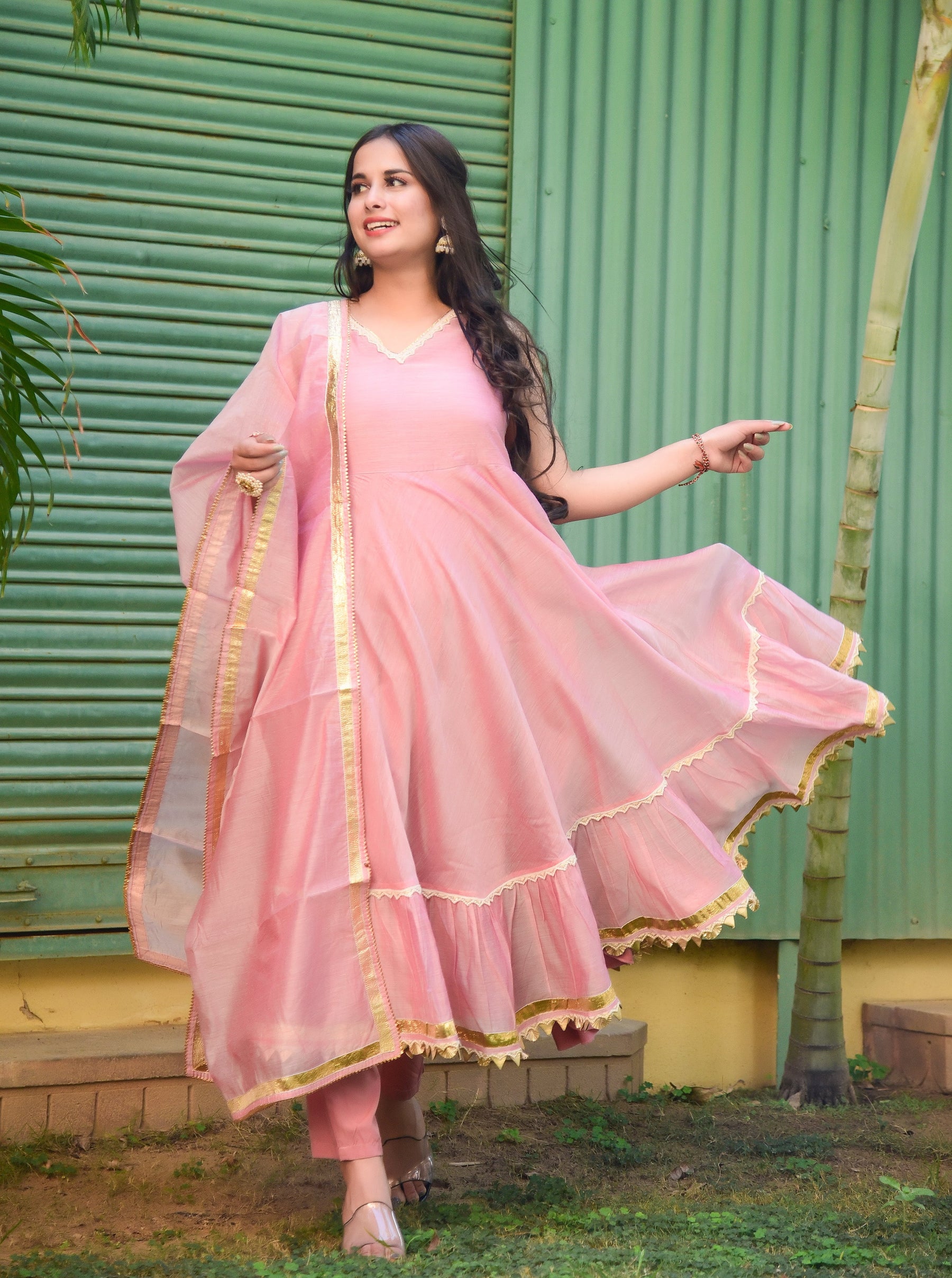 Pink Chanderi Cut Sleeves Anarkali Kurta Set