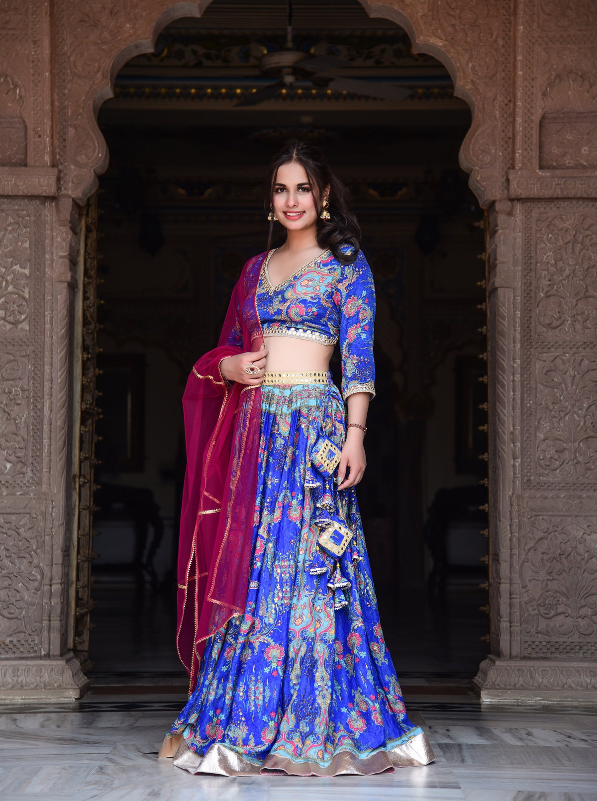 Blue printed mirror work lehenga with Blouse and Dupatta