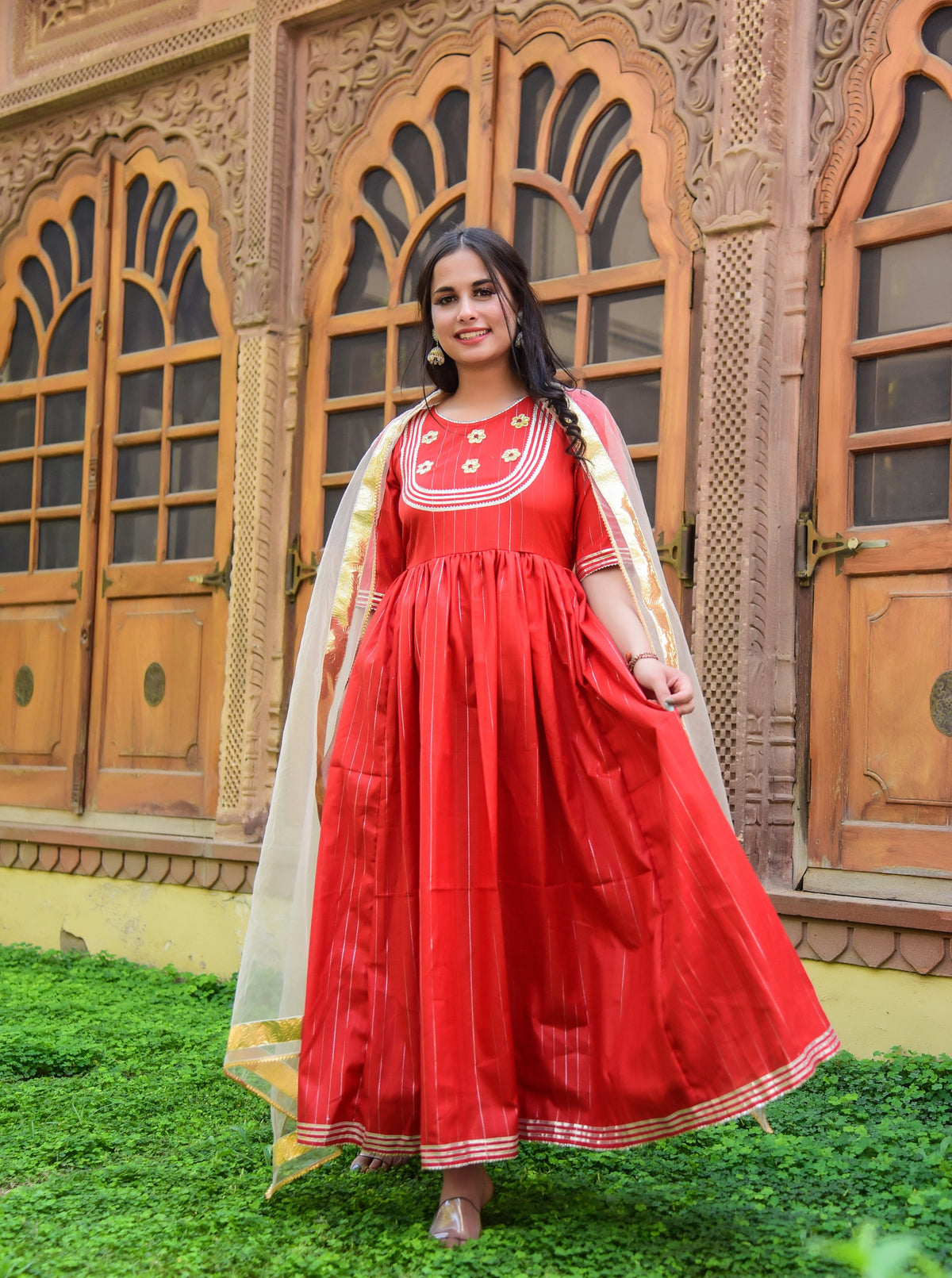 Red Lurex Anarkali Kurta with Dupatta